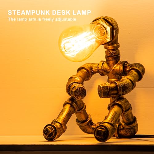 Steampunk Table Lamp with Robot Design - Vintage Industrial Water Pipe Desk Light - Bronze C