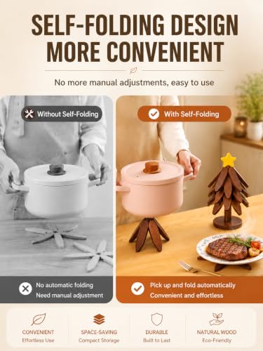 KOWINDA Brown-Star Christmas Tree Trivet Set with Stand – 5 Foldable Wooden Heat-Resistant Tree Coasters