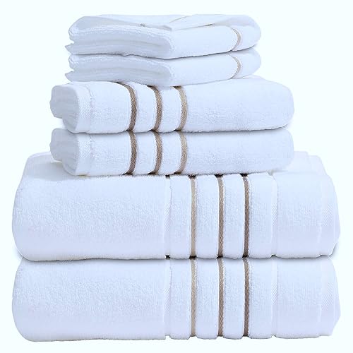 White/Taupe Luxury 6-Piece Cotton Bath Towels Set - Soft Absorbent & Quick Dry