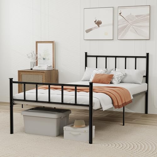 WJORATA Black Twin Size Metal Platform Bed Frame with Headboard & Storage