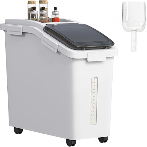 White 11.4 Gallon Large Ingredient Flour Storage Bin with Wheels & Scoop