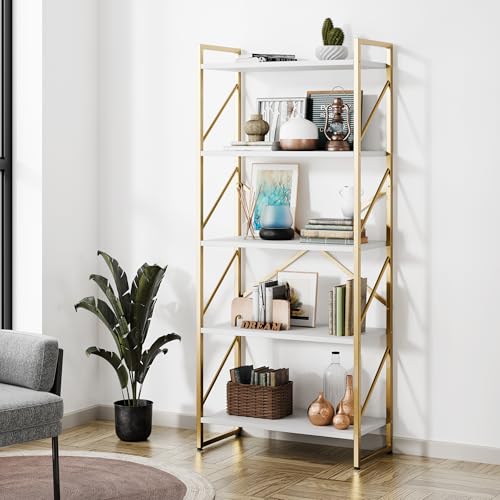 Gold 5-Tier Metal Bookshelf Tall Display Bookcase with Open Shelves