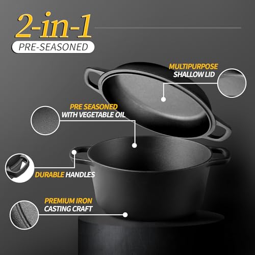7QT Pre-Seasoned Cast Iron Dutch Oven with Skillet Lid - 2-in-1 Cooking Pot for Baking, Frying, Camping