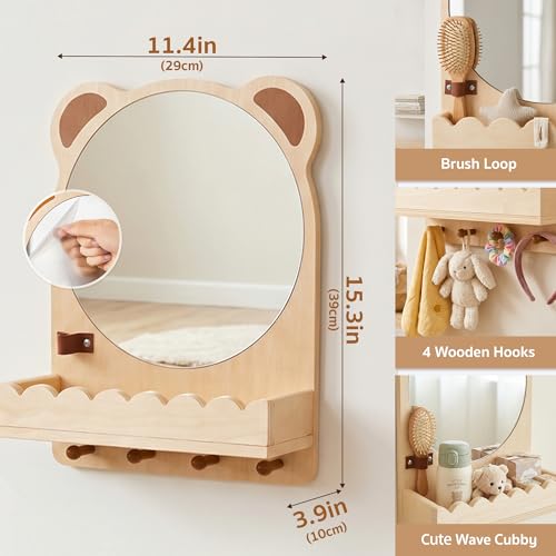 Montessori Toddler Wall Mirror with Hooks & Shelf - Child Safe Nursery Mirror