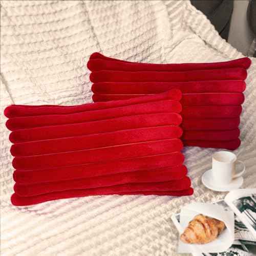 2 Pack 12x20 Pillow Cover Velvet Pillow Covers, Faux Fur Oblong Throw Pillow Covers for Living Room Decorations Throw Pillow Case, Throw Pillow Cover Cushion Cover for Home Sofa Bedroom Car, Red
