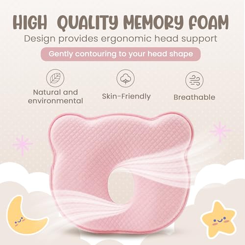 Pink Baby Pillow with Memory Foam & Bear Design - Breathable & Supportive for Infants (Pink)