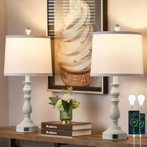 Leasgy 23'' Set of 2 Bedside Table Lamps with USB-C+A Ports, Beige, White & Grey Options