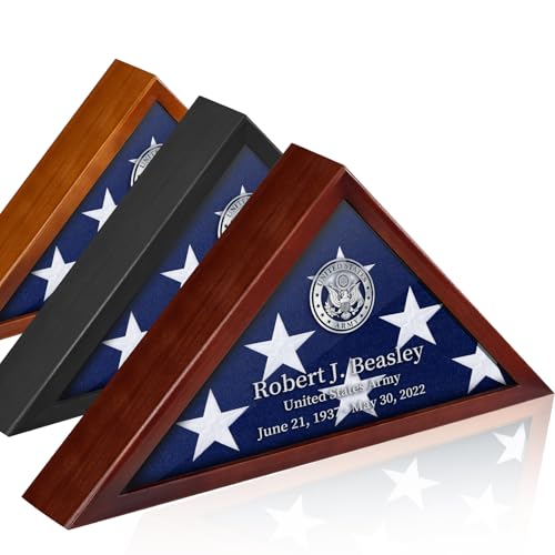 Personalized Burial Flag Display Case - Red Mahogany Wood with Custom Name & Date