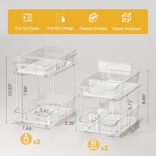 Delamu 4 Pack Clear 2-Tier Under Sink Organizer with Pull-Out Drawers, Stackable Bathroom & Kitchen Cabinet Storage