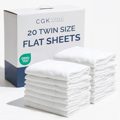 CGK Unlimited Twin Flat Sheets Bulk Pack of 20 - White, 66x96 Inches