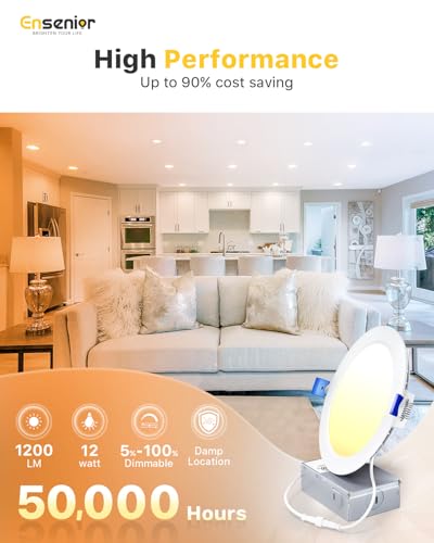 Ensenior 6 Inch LED Recessed Ceiling Light - 6000K, 1200LM, 12W, IC Rated, Dimmable, Pack of 12