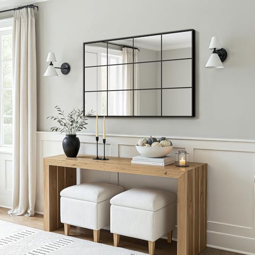 LAWADA 24x36 Black Window Pane Wall Mirror - Modern Rectangular Decor with Grid Design