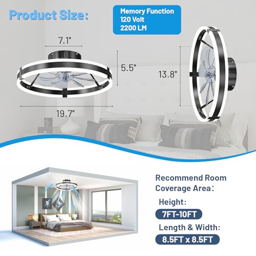 Black 19.7-Inch Low Profile Bladeless Ceiling Fan with Lights & Remote - Modern Design