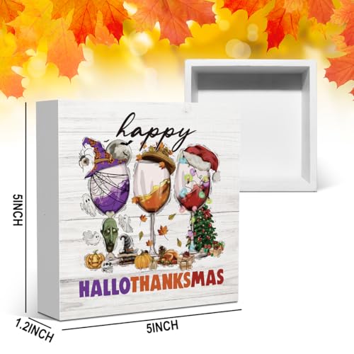Happy Hallothanksmas Wood Decor Fall Halloween Thanksgiving Christmas Wine Decorations Gifts for Women Men Harvest Autumn Wood Decorations Sign for Home Farmhouse Office Desk Shelf 5 x 5 Inches