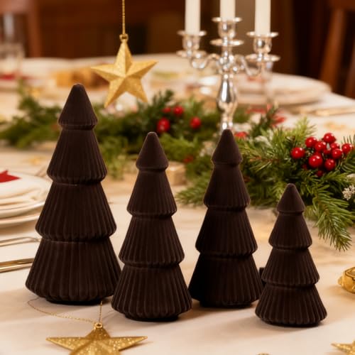 Lanpn 4 Pcs 6" 8" 10" Christmas Velvet Tree Figurine Decoration, Xmas