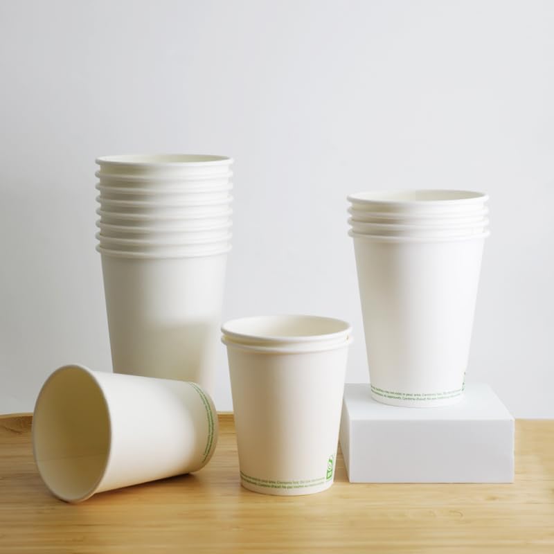 8 Oz Disposable Compostable Paper Coffee Cups - White, Leak-Proof, 1000 Pack