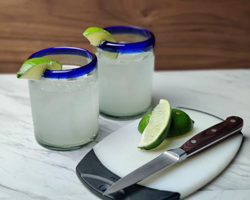 Mexican Hand Blown Glass Tumblers Set of 6 - Blue Rim 10 oz Drinking Glasses
