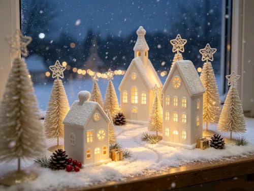 Christmas Village Sets, 8-Piece Modern White Decorations Indoor