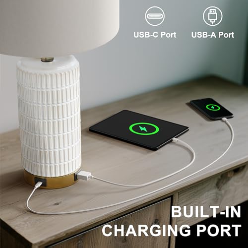 PoKat 21.5'' Small Bedside Lamp with USB Ports - White & Beige Nightstand Lamp for Bedroom & Living Room