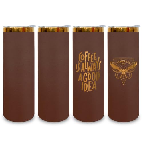 FunTrans 20 oz Gold Plated Skinny Tumbler Set with Lid & Straw - 4 Pack, Coffee