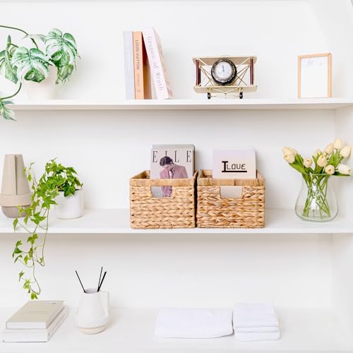 Natural Water Hyacinth Wicker Basket Set of 3 - Medium Rectangular Storage Baskets with Handles, for Shelves & Organization