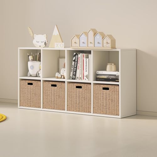 Set of 4 Foldable Storage Baskets with Handles - 11 x 11 x 11 Inches Natural Paper Rope Woven Cubes