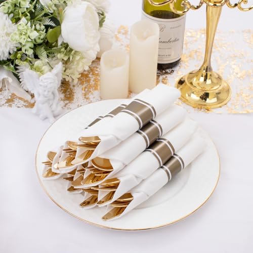 120 Pack Gold Plastic Cutlery Set with Napkins - Wrapped Disposable Forks Spoons Knives