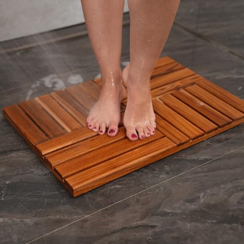 Utoplike Teak Bath Mat 24x16 Inch Non-Slip Wooden Shower Mat for Bathroom & Indoor Use