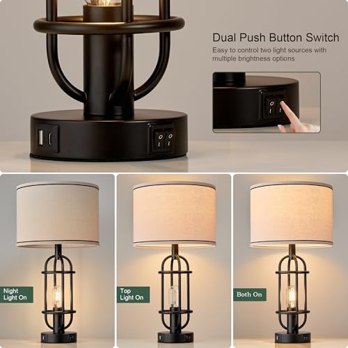 Reaketon 22.3” Farmhouse Table Lamps Set of 2 - Matte Black with USB Charging Ports