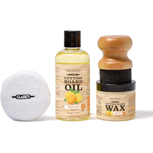 Clark’s Cutting Board Oil & Wax Kit with Natural Lemon & Orange Extracts - Food-Grade Mineral Oil (12oz), Wax (6oz), Applicator & Buffing Pad - Protect & Condition Wood Surfaces