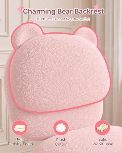 Pink Vanity Chair with Plush Teddy Fleece Bear Backrest - Movable Home Office Desk Seat