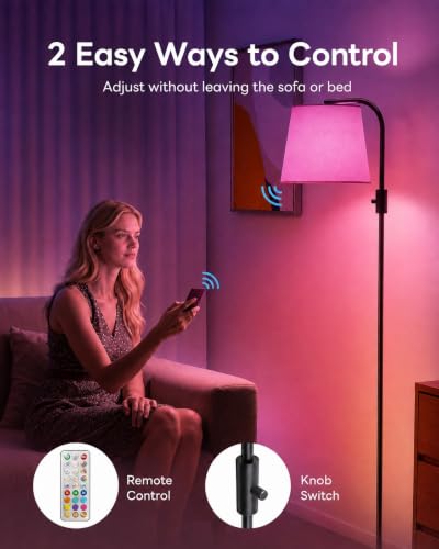 LED Arc Floor Lamp with Remote Control - Black, 65-Inch RGB Color Changing, 350° Swivel Shade