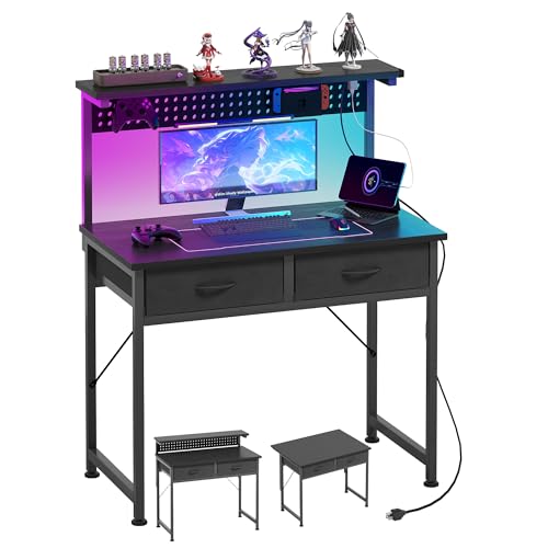 MUTUN 31 Inch Black Computer Desk with Drawers, Adjustable Monitor Stand & LED Light