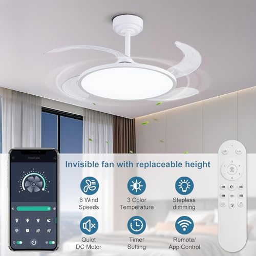 AHAWILL Retractable Ceiling Fan with Lights & Remote - 42'' White Modern Bladeless Fan with Dimmable Full Spectrum LED & Timer
