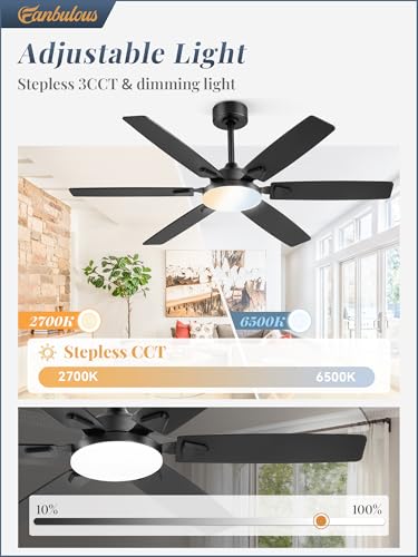 Black 52 Inch Ceiling Fan with Lights Remote Control & 2 Downrods