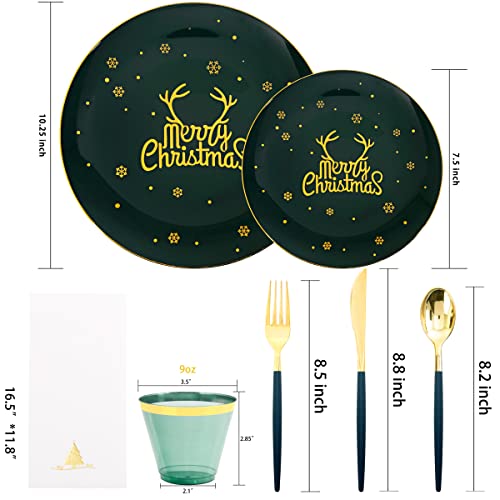 Nervure Green & Gold Christmas Plates Set with Silverware (175-Piece) 25 Guests