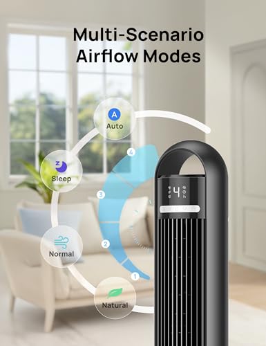 DREO Black Tower Fan for Bedroom & Room Cooling, 4 Speeds, 90° Oscillation, Remote & App Control