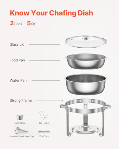 VEVOR 5 Qt Stainless Steel Chafing Dish Buffet Set 2 Pack with Glass Lids, Silver