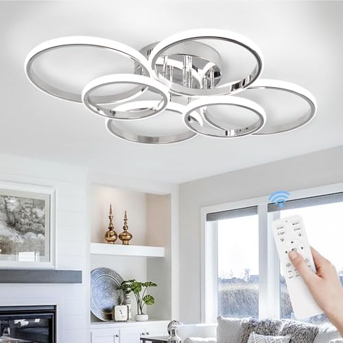 Chrome 6-Ring Dimmable LED Ceiling Light Fixture with Remote Control - Modern 60W Close to Ceiling Lighting for Living Room & Bedroom - Variation: 6 Rings, Circle