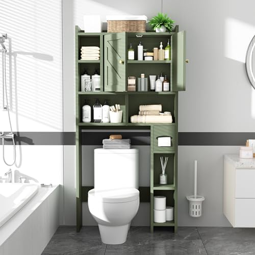 Meilocar Green Over The Toilet Storage Cabinet 64.6" Tall Bathroom Organizer with Adjustable Shelf & Toilet Paper Holder