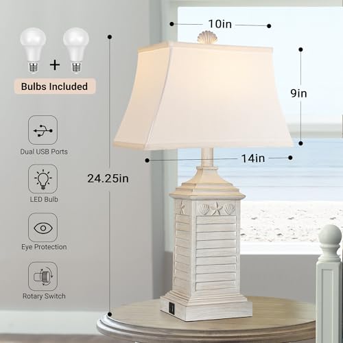 Hamucd Washed White Coastal Table Lamps Set of 2 - Beach Nautical Modern Resin Nightstand Lamps with USB A+C, 3-Color LED Lighting