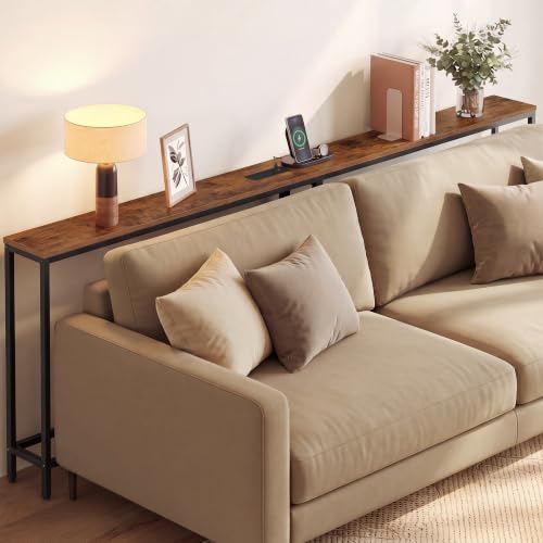 Narrow Console Table with Outlet - Rustic Brown + Ink Black, 78.7"