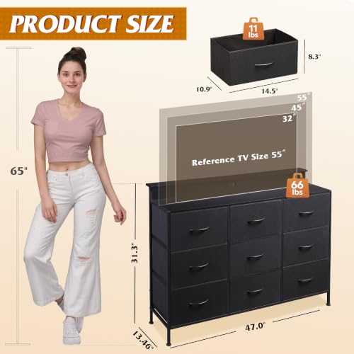 WLIVE Black 9-Drawer TV Stand Dresser with LED Lights & Fabric Storage