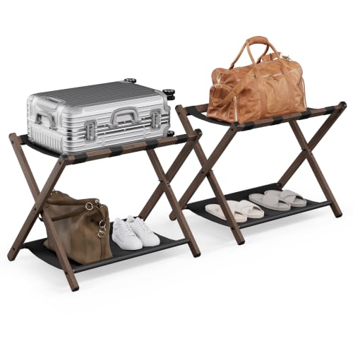 Walnut-Coating Foldable Luggage Rack Set of 2 for Guest Room, Heavy Duty