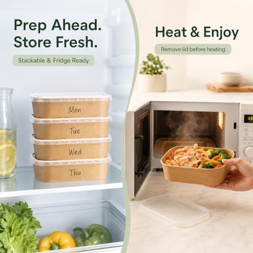 29oz Disposable Kraft Paper Meal Prep Containers with Lids & Forks — 50 Pack