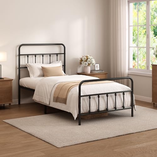 Black Twin Metal Bed Frame with Headboard and Footboard - Sturdy Steel, Underbed Storage
