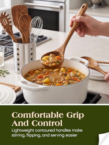 11-Piece Wooden Kitchen Utensil Set with Stainless Steel Holder - Teak Wood Nonstick Cookware Tools