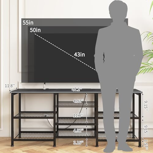 YGEOMER Black Entertainment Center for 50in TVs with LED Lights & Charging Station
