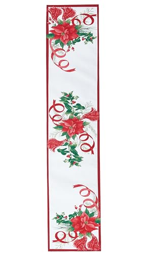 Home Bargains Plus Christmas Poinsettia Ribbon Fabric Table Runner 70" x 13" Holiday Tassels