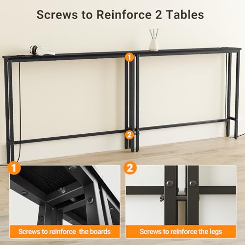 Narrow Console Table with Outlets - 78.8 Inch Black Sofa Behind Couch